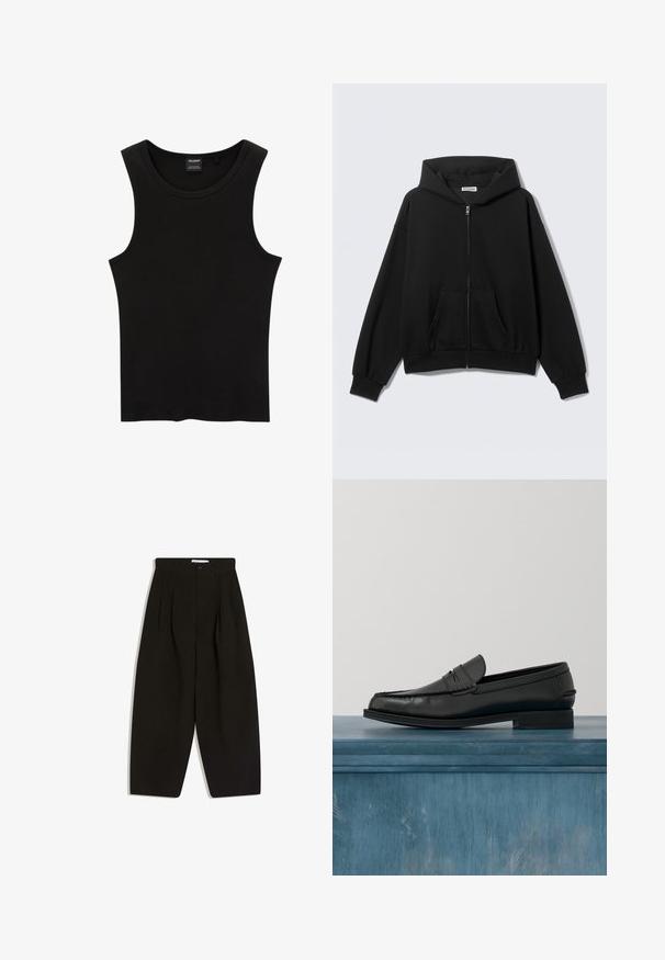 Zwarte hoodie met rits, voorzakken, lange mouwen en capuchon, getoond tegen een effen lichte achtergrond.; Zwarte geribbelde tanktop met een ronde halslijn en wijde armsgaten, gemaakt van een zachte, rekbare stof. Label: Pull&Bear.; Zwarte wijde broekspijpen gemaakt van zachte stof, met een geplooide voorkant, knoopsluiting en zijzakken voor extra functionaliteit.; Zwarte leren loafers met een strak ontwerp, voorzien van een gestikte neus en een gladde afwerking. De schoen heeft een lage hak en minimale details.