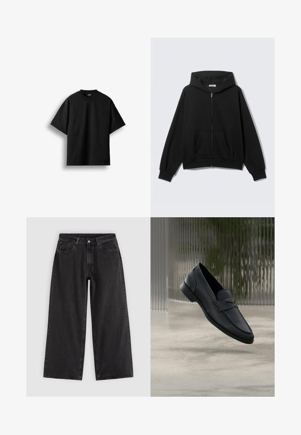 Sudadera negra con cremallera, bolsillos delanteros, mangas largas y capucha, mostrada sobre un fondo liso y claro.; Camiseta negra de manga corta con cuello redondo, mostrada extendida sobre un fondo blanco con una pequeña etiqueta visible en el cuello.; Vaqueros negros de pierna ancha con bolsillos delanteros, trabillas para cinturón y cierre de botones, mostrados sobre un fondo liso y claro.; Zapato tipo mocasín de cuero negro con acabado liso, punta puntiaguda y detalles cosidos en la pala. Tacón bajo y diseño minimalista.