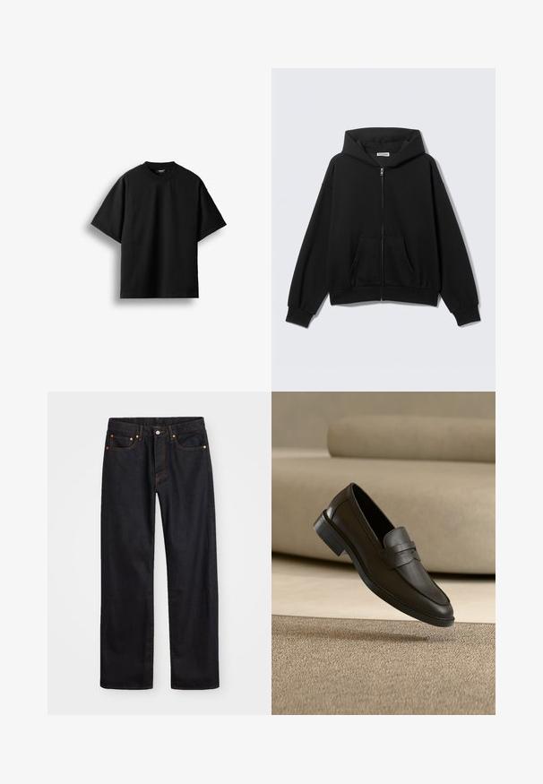 Sort hættetrøje med lynlås foran, forlommer, lange ærmer og hætte, vist mod en ensfarvet lys baggrund.; Sort T-shirt med korte ærmer og rund hals, lagt fladt mod en hvid baggrund med en synlig lille nakkemærke.; Mænds lige ben sorte denim jeans med fem lommer og orange syninger, knap- og lynlåslukning foran på taljen.; Sort læder loafer sko, der hviler på et beige tæppe med en buet beige sofa i baggrunden.