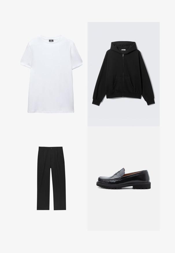 Sort hættetrøje med lynlås foran, forlommer, lange ærmer og hætte, vist mod en ensfarvet lys baggrund.; Simpel hvid t-shirt med korte ærmer og rund halsudskæring med en sort Pull&Bear mærkat indeni kraven, vist på en hvid baggrund.; Sorte bukser med lige ben, lavet af et glat stof. Har frontfolder og en enkelt knaplukning i taljen.; Sorte læder penny loafer med chunky gummisål og moc toe syninger, vist i profil på en hvid baggrund.