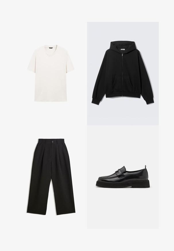 Sort hættetrøje med lynlås foran, forlommer, lange ærmer og hætte, vist mod en ensfarvet lys baggrund.; Lys hvid kortærmet t-shirt med rund hals, vist fladt med synlig halslabel mod en hvid baggrund.; Sorte bukser med en afslappet pasform, der har plisseringer foran, sidelommer og knaplukning. Fremstillet af tekstureret stof.; Sorte læder loafersko i stil med flad, tekstureret sål, med en syet tå og en rem over vristen.