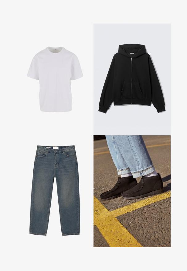 Sort hættetrøje med lynlås foran, forlommer, lange ærmer og hætte, vist mod en ensfarvet lys baggrund.; Hvid T-shirt med korteærmer lavet af blødt bomuld, med rund halsudskæring og en afslappet pasform med lige kant. Ingen mønstre eller detaljer synlige.; Blå denimjeans med en løs pasform, der har et klassisk fem-lomme design og minimal falming. Inkluderer en knaplukning og bæltestropper.; Sorte suede ankelstøvler med en glat overflade, buet tå og syede detaljer. Kombination med lyseblå buksere jeans med opfoldede manchetter og hvide sokker.