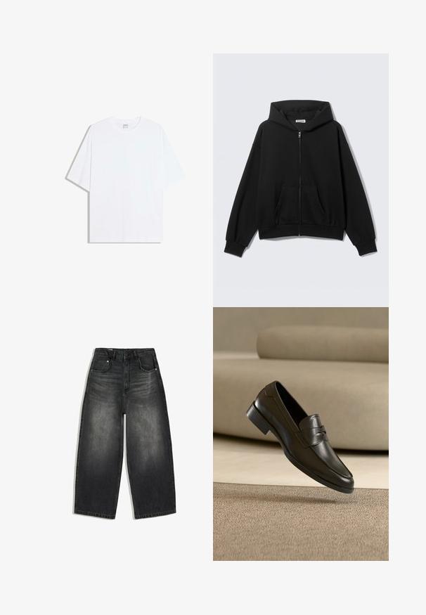 Sweat à capuche noir zippé avec poches avant, manches longues et capuche, présenté sur un fond uni clair.; T-shirt oversize en coton blanc avec un col rond et des manches courtes ; texture lisse, sans motifs ni accents visibles.; Jean en denim noir délavé à jambes larges avec poches avant et arrière, passants pour ceinture et fermeture par bouton à la taille.; Mocassin en cuir noir flottant au-dessus d'un tapis beige avec un canapé beige en arrière-plan, mettant en valeur le design classique pour hommes sans lacets.