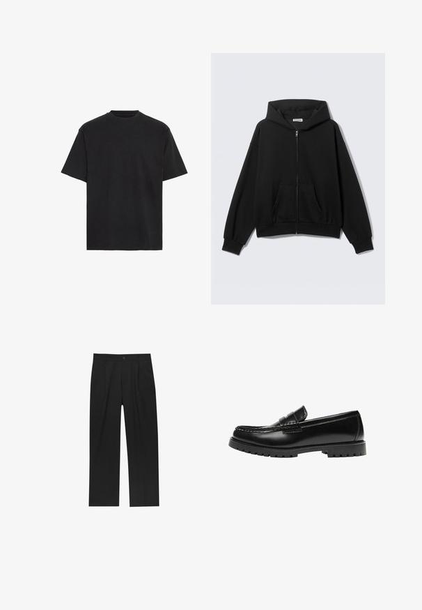 Sort hættetrøje med lynlås foran, forlommer, lange ærmer og hætte, vist mod en ensfarvet lys baggrund.; Sort bomulds T-shirt, korte ærmer, rund hals, letvægts, løs pasform, glat tekstur, ingen synlige mønstre eller accenter.; Sorte bukser med lige ben, lavet af et glat stof. Har frontfolder og en enkelt knaplukning i taljen.; Sort læderloafer med en kraftig gummisål og klassiske penny-strap detaljer, vist fra ydersiden.