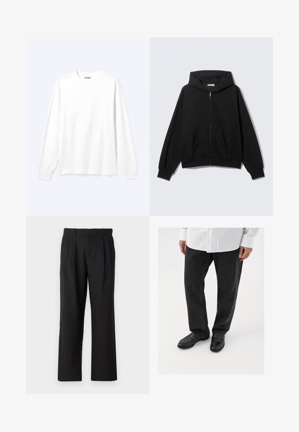 Sudadera negra con cremallera, bolsillos delanteros, mangas largas y capucha, mostrada sobre un fondo liso y claro.; Camisa blanca lisa de manga larga con cuello redondo y puños acanalados, mostrada sobre un fondo claro y neutro.; Jack & Jones Classic Wide Leg Fit - Pantalones - black; Pantalones de mezclilla negros combinados con mocasines negros brillantes. La camisa es blanca con finas rayas verticales, de mangas largas y con cuello abotonado.