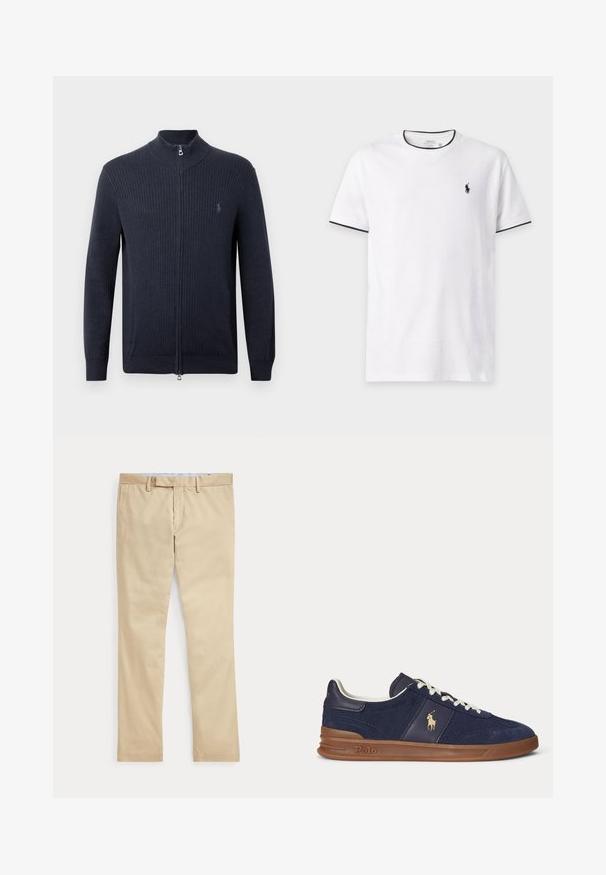 Marineblauer Reißverschluss-Cardigan aus geripptem Stoff, mit hohem Kragen, langen Ärmeln und einem kleinen Logo auf der linken Brust.; Weißes T-Shirt mit kurzen Ärmeln und schwarzem Besatz an Kragen und Ärmeln, mit kleinem schwarzem Polo Ralph Lauren Logo auf der linken Brust.; Beige gerade Hose mit Gürtelschlaufen und einem vorderen Reißverschluss, flach auf weißem Hintergrund gelegt.; Marineblaue Low-Top-Sneaker mit weißen Schnürsenkeln, brauner Sohle und Polo-Spieler-Logo an der Seite, von links betrachtet.