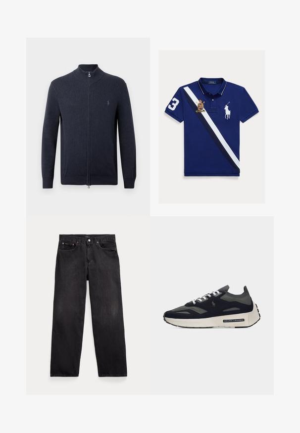 Tmavomodrý kardigán na zips z rebrovanej látky, s vysokým golierom, dlhými rukávmi a malým logom na ľavej strane hrudníka.; Tmavomodré polo tričko s bielym a námorníckym diagonálnym pruhom, vyšitým logom a číslom "3" v bielej na rukáve. Klasický golier.; Čierne rifle s rovnými nohavicami, piatimi vreckami, zapínaním na gombíky a viditeľnými kovovými nitmi na predných vreckách.; Pánska čierna a tmavosivá teniska s bielymi šnúrkami, hrubou bielou podrážkou a logom Ralph Lauren na strane.
