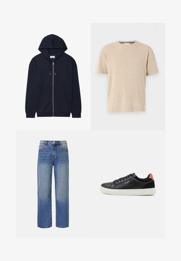 Marineblaues Zip-Hoodie mit Kordelzugkapuze, Taschen vorne und gerippten Bündchen. Hergestellt aus weichem, strukturiertem Stoff. Schlichtes Design.; Beiges kurzärmeliges Baumwoll-T-Shirt mit Rundhalsausschnitt und subtiler horizontaler Textur, auf weißem Hintergrund dargestellt.; Helle blaue Denim-Jeans mit weitem Bein, einem Ausbleichungsmuster, fünf Taschen und einem Reißverschluss. Mit einem Knopf und Gürtelschlaufen an der Taille.; Schwarze Ledersneaker mit weißer Gummisohle, runder Zehenpartie, Schnürverschluss und einem kontrastierenden Akzent aus braunem Wildleder an der Ferse. Minimalistisches Design.