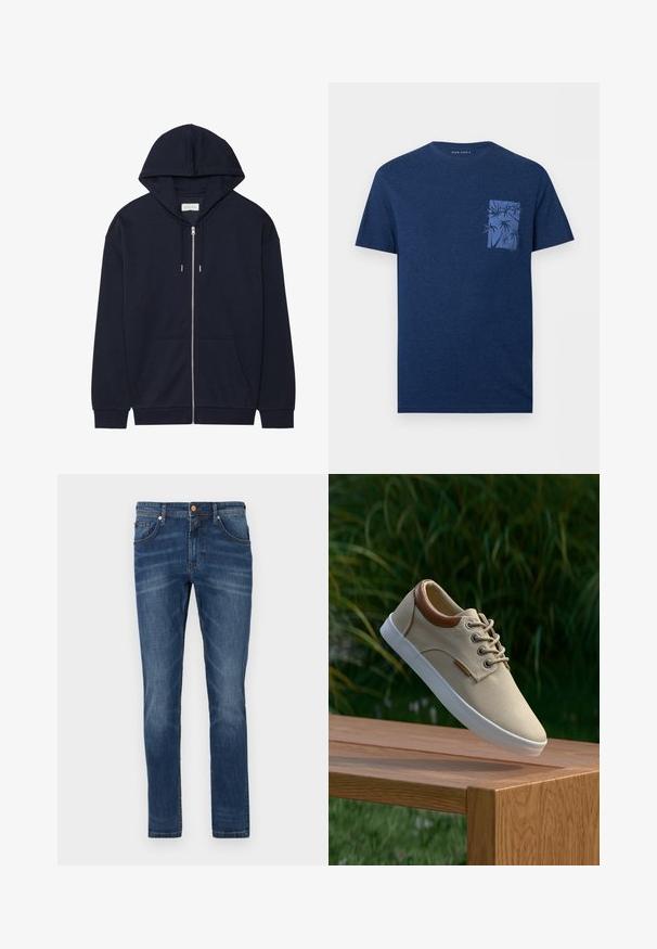 Marineblaues Zip-Hoodie mit Kordelzugkapuze, Taschen vorne und gerippten Bündchen. Hergestellt aus weichem, strukturiertem Stoff. Schlichtes Design.; Marineblaues T-Shirt mit kurzen Ärmeln, Rundhalsausschnitt und kleiner Brusttasche mit blauem Palmen-Grafikdruck.; Dunkelblaue Jeans aus Denim mit geradem Bein, fünf Taschen, dezente Verwaschungen, kontrastierende Nähte und einem Knopfverschluss an der Taille.; Beige Canvas-Sneaker mit braunen Lederakzenten, runden Schnürsenkeln, weißer Gummisohle und strukturierter Oberfläche, präsentiert auf einer Holzfläche.
