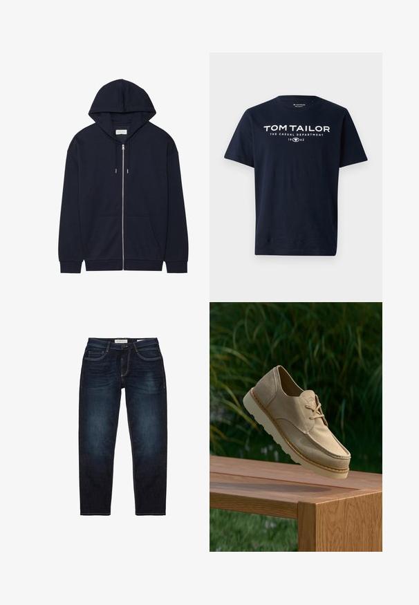 Sudadera con cremallera en azul marino que cuenta con capucha con cordón, bolsillos frontales y puños acanalados. Fabricada con un tejido suave y texturizado. Diseño sencillo.; Camiseta de algodón azul marino con texto blanco en negrita: "TOM TAILOR THE CASUAL DEPARTMENT 1962." Diseño de mangas cortas y cuello redondo.; Jeans de mezclilla azul oscuro con un ajuste estándar, que presentan una cremallera, cinco bolsillos y costuras amarillas en contraste. Textura suave en general.; Zapato de ante beige con cordones flotando sobre un banco de madera con césped verde y plantas al fondo.