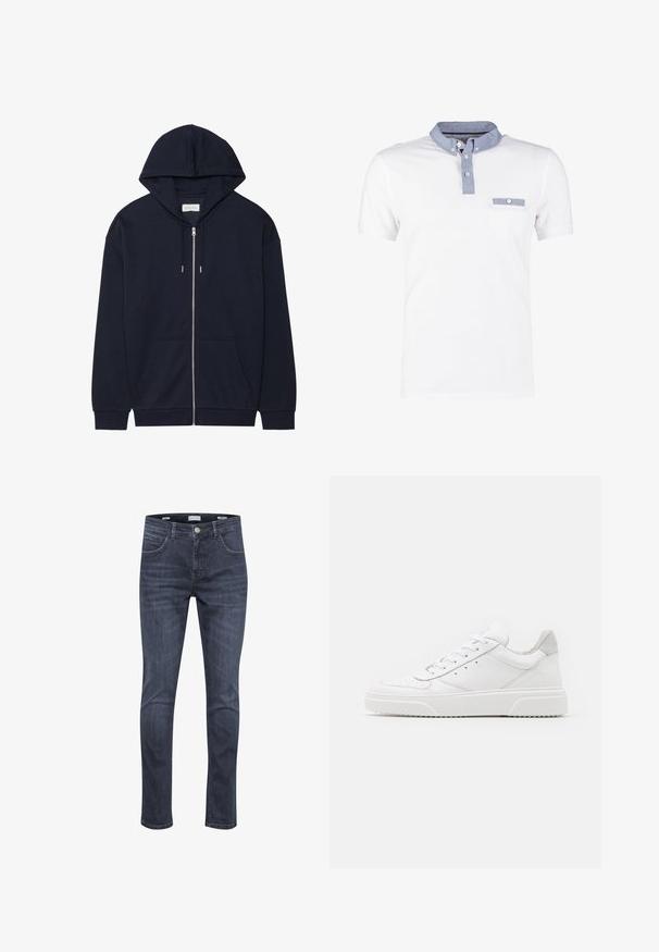 Marineblaues Zip-Hoodie mit Kordelzugkapuze, Taschen vorne und gerippten Bündchen. Hergestellt aus weichem, strukturiertem Stoff. Schlichtes Design.; Weißes Poloshirt mit einem Denim-Kragen, ausgestattet mit einer geknöpften Knopfleiste und einer Brusttasche. Kurze Ärmel mit einer glatten, weichen Textur.; Dunkelblaue Denim-Jeans mit schlankem Schnitt, ausgestattet mit fünf Taschen, hellen Nähten und einem klassischen Reißverschluss mit Knopfverschluss.; Weiße Leder-Sneaker mit glatter Oberfläche, rundem Zehenbereich, flachen Schnürsenkeln und strukturiertem Schuhsohlen. Graues Wildleder-Detail an der Ferse.