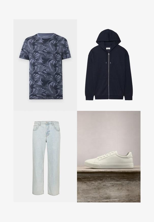Ce sweat à capuche zippé bleu marine dispose d'une capuche avec cordon de serrage, de poches avant et de poignets côtelés. Fabriqué en tissu doux et texturé. Design simple.; T-shirt homme manches courtes col rond bleu foncé avec un motif discret de feuilles tropicales sur l'ensemble.; Jean denim bleu clair droit avec poches avant, passants de ceinture et fermeture par bouton sur un fond uni.; Sneaker en dentelle blanche flottant au-dessus d'un banc en bois avec un feuillage vert en arrière-plan, mettant en valeur le design et la texture de la chaussure.