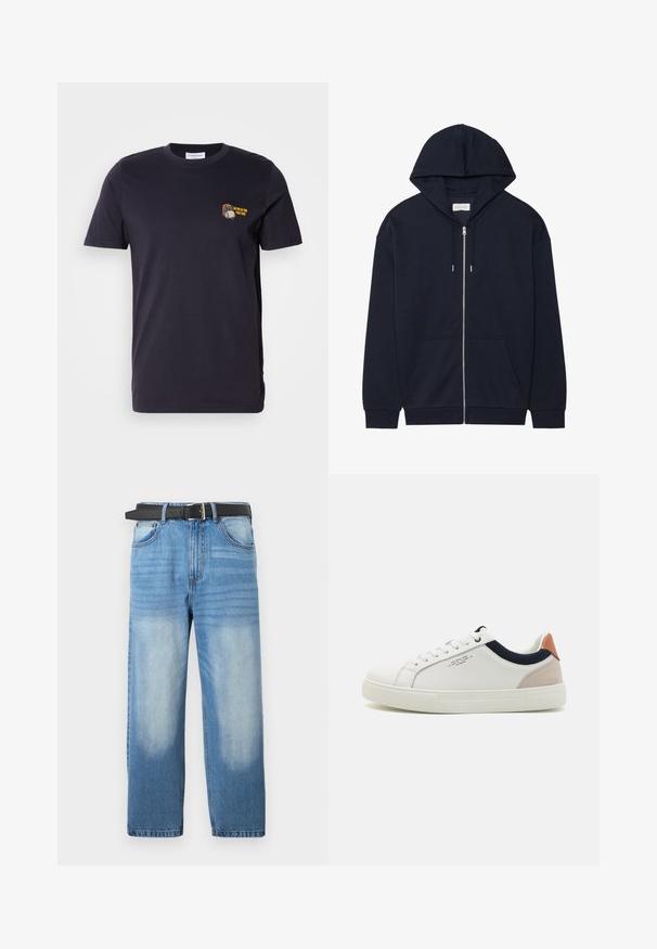 Sudadera con cremallera en azul marino que cuenta con capucha con cordón, bolsillos frontales y puños acanalados. Fabricada con un tejido suave y texturizado. Diseño sencillo.; Camiseta de algodón de color azul marino oscuro con mangas cortas y cuello redondo. Presenta un pequeño diseño bordado con texto en el área del pecho izquierdo.; Jean de mezclilla azul claro con pierna recta, que presenta un cinturón negro, parches desgastados y una sutil textura diagonal en la sección superior.; Zapatillas blancas de cuero con un diseño de caña baja, acento en tela azul marino en el cuello y una lengüeta de talón de ante rosa claro. Suela de goma.