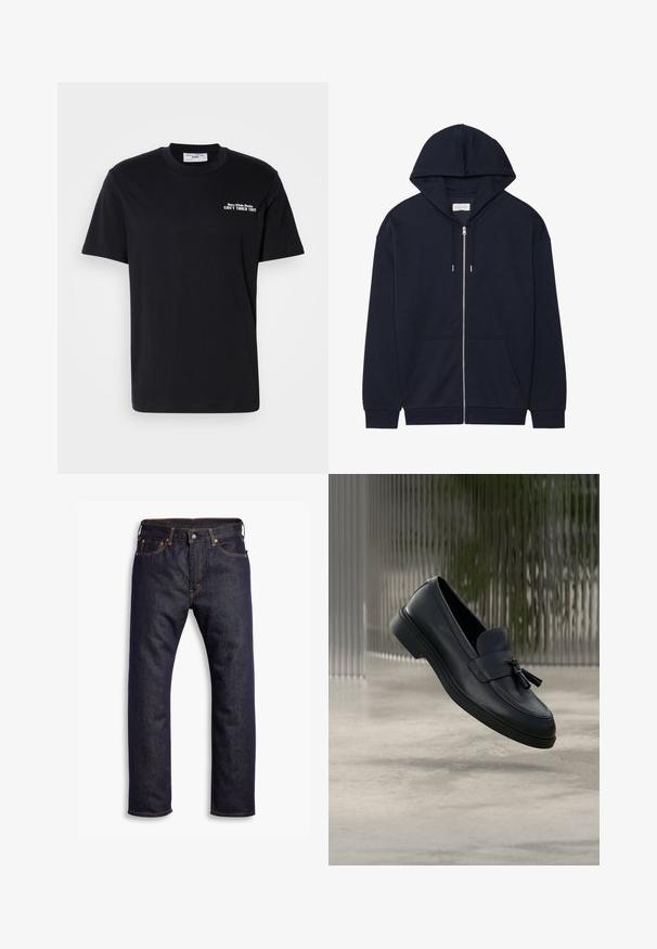 Ce sweat à capuche zippé bleu marine dispose d'une capuche avec cordon de serrage, de poches avant et de poignets côtelés. Fabriqué en tissu doux et texturé. Design simple.; T-shirt en coton noir avec un col rond, des manches courtes et le texte imprimé en blanc "CAN'T TOUCH THIS" sur la poitrine. Design simple.; Jeans en denim bleu foncé à jambe droite avec cinq poches et des coutures en contraste orange, posés à plat sur un fond blanc.; Mocassins en cuir noir avec une texture lisse, un bout arrondi et des pampilles décoratives à l'avant. Semelle en caoutchouc flexible avec un petit talon.