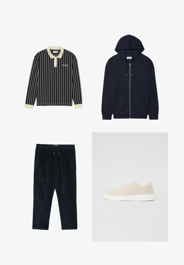 Navy blå zip-up hættetrøje med snøre, forlommer og ribbede manchetter. Fremstillet af blødt, struktureret stof. Enkel design.; Langeærmet polo skjorte med marineblå og creme vertikale striber, en creme krave, tre-knaps placket og broderet logo på venstre bryst.; Mørkeblå kordfløjlsbukser med afslappet pasform, elastisk talje, justerbar snor og sidelommer. Vertikal ribbet tekstur.; Beige ruskindsneakers med hvide gummisåler, rund tå og seks snøringshuller. Glat tekstur med minimalisk design.