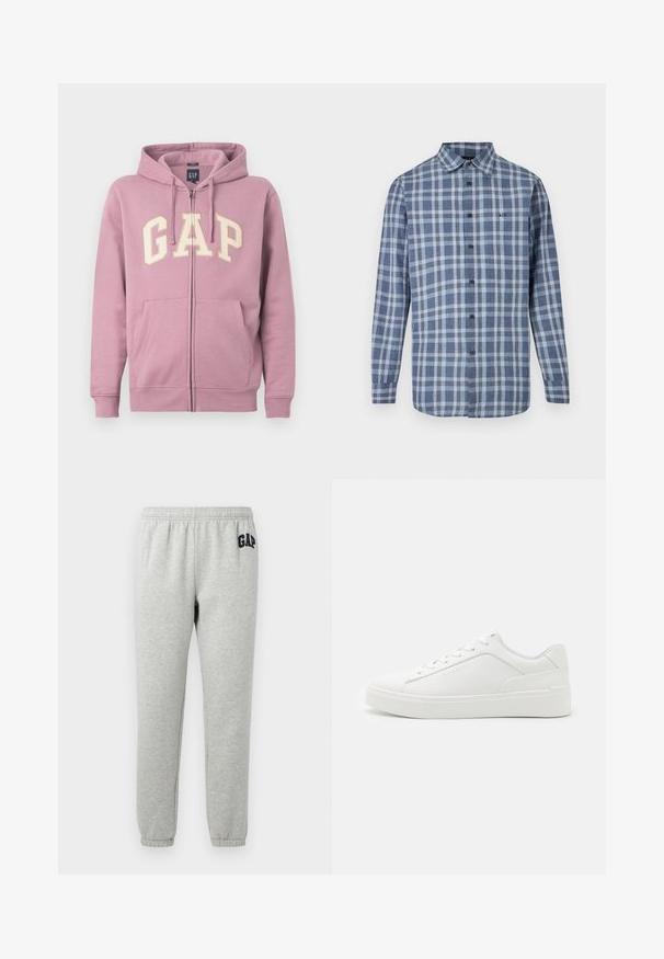 Roze zip-up hoodie met trekkoorden, met een groot crèmekleurig 'GAP' logo op de voorkant. Het heeft twee voorzakken en ribgebreide mouwen.; Blauw-wit geruite blouse met lange mouwen, kraag en klein geborduurd A|X-logo op de borst.; Grijze sweats met een elastische tailleband, cuffed enkels, en een marineblauwe "GAP" logo op de linker boven dij. Zachte, katoenen stofmix.; Witte lage sneakers van glad leer, met een ronde neus, platte zolen en subtiele branding aan de zijkant.