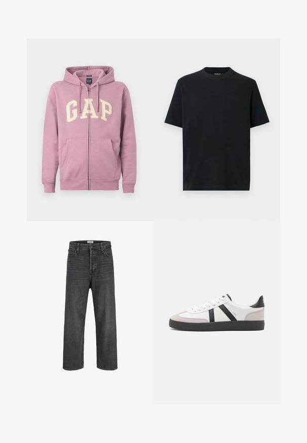 Rosa zip-up hoodie med snoretræk, der har et stort cremefarvet "GAP" logo på forsiden. Den har to frontlommer og ribbede manchetter.; Sort t-shirt med korte ærmer og rund hals, lavet af blød bomuld. Simpelt design uden mønstre eller pynt.; Sorte højtaljede jeans med lige ben, knap- og lynlås-lukning, bæltestropper samt lommer foran og bagpå.; Hvide sneakers med sorte og grå detaljer, med en tekstureret grå tåhætte, sort gummisål og flade hvide snørebånd. Rent design, minimalistisk stil.