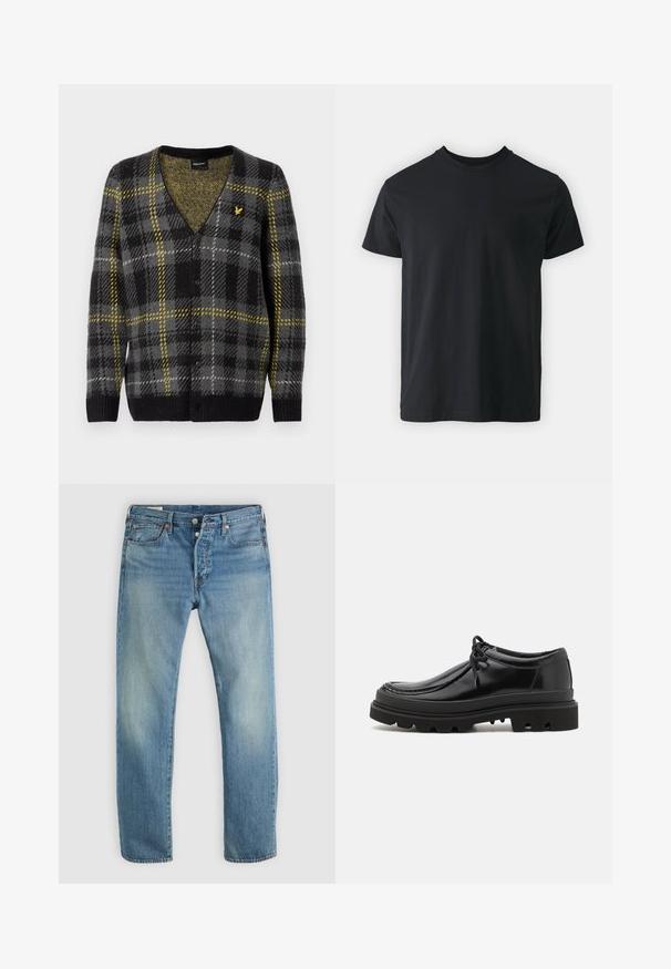 Sort og grå ternet cardigan med gule detaljer, V-hals design, tekstureret strikket stof og fem knapper foran. Lille logo på brystet.; Sort bomulds t-shirt med kortærmer, rund halsudskæring og en afslappet pasform. Glat tekstur og lige kant, ingen synlige grafikker eller mønstre.; Lyseblå denimjeans med lige ben-design, der har en fem-lomme-layout, kobberhardware og subtil falmning på stoffet.; Sorte læder derby-sko med et strømlinet design, rund tå og struktureret gummisål med dybe riller for bedre greb.