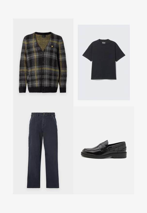 Sort og grå ternet cardigan med gule detaljer, V-hals design, tekstureret strikket stof og fem knapper foran. Lille logo på brystet.; Sort bomulds T-shirt med klassisk rund hals, korte ærmer og en afslappet pasform. Glat tekstur med minimal syning.; Mørkeblå bomuldsbukser med lige ben-design. Har forlommer, knaplukning og synlige syninger.; Sorte læder loafers med en glat finish, rund tå, lav hæl og dekorativ syning langs forsiden. Gummisål for godt greb.