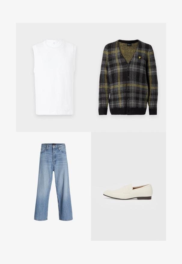 Sort og grå ternet cardigan med gule detaljer, V-hals design, tekstureret strikket stof og fem knapper foran. Lille logo på brystet.; Hvid ærmeløs T-shirt med rund halsudskæring, lavet af et glat stof, med et enkelt design og rene kanter.; Lyseblå denim bukser med brede ben og høj talje, med knaplukning, fem lommer og et subtilt slidtegn. Ren kantfinish.; Lys beige loafers med spids tå, glat materiale, en rem over vampen og en lav brun sål. Simpelt design med minimale detaljer.