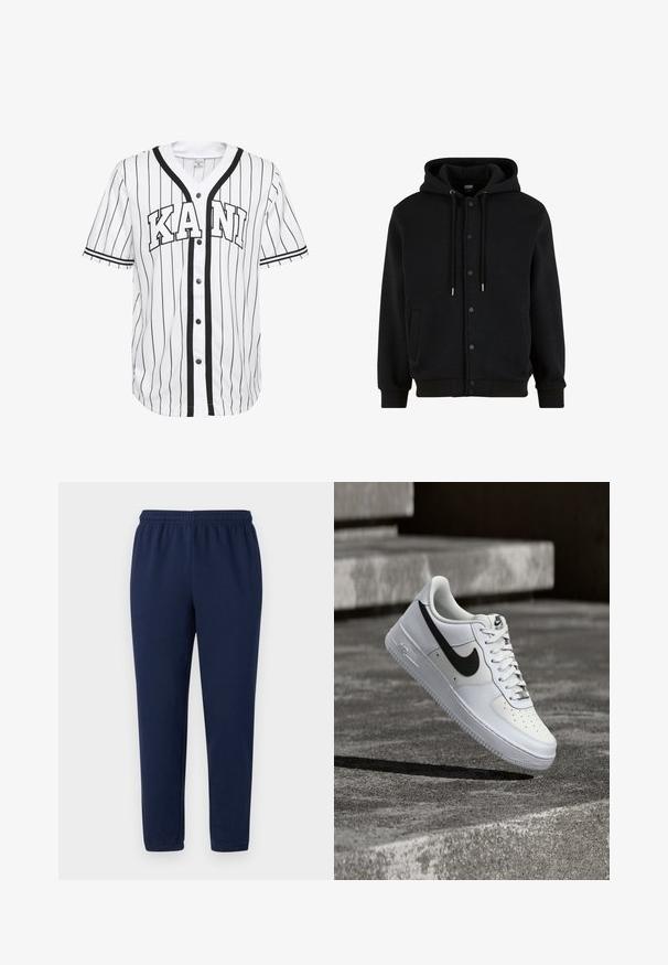 Schwarzer Hoodie mit Knopfleiste, Kordeln an der Kapuze, zwei Seitentaschen, gerippten Bündchen und einer glatten Textur.; Weißes Baseball-Trikot mit kurzen Ärmeln und schwarzen Streifen, mit einer Knopfleiste vorne und dem Wort "KANI" deutlich in schwarzen Buchstaben dargestellt.; Marineblaue Sweatpants aus weichem Baumwollmix, mit einem elastischen Bund und schmal zulaufenden Beinen, ohne sichtbare Muster oder Akzente.; Weißer Nike Air Force 1 Sneaker mit schwarzem Swoosh, geschnürten Schnürsenkeln, schwebend in der Luft über einer strukturierten Betonoberfläche im Freien.