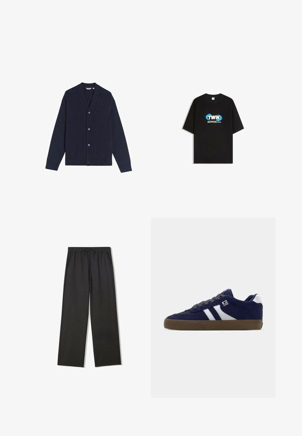 Mørkeblå cardigan med V-hals, seks knaplukninger og ribbede manchetter og kant. Fremstillet af blødt strikket stof. Ingen mønstre eller grafik.; Sort kortærmet T-shirt med blå og hvid "TWN"-logo og teksten "Venlig påmindelse om, at fred ikke er fraværet af støj" på brystet.; Sorte bukser med elastisk talje, snørebånd og sidelommer, med en afslappet pasform og lige ben.; Mørkeblå ruskinds sneakers med hvide striber, grå snørebånd og en tekstureret brun gummisål. Har et logo på siden og en polstret krave.