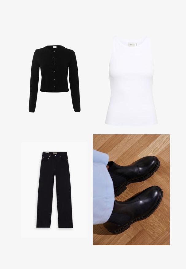 Sort cardigan med rund halsudskæring, lange ærmer og cropped design. Har en knaplukning foran og ribbede manchetter og kant.; Hvid ribbet tanktop med rund halsudskæring og uden ærmer. Strækbart stof og tætsiddende design. Etiketten bagpå viser "GESTUZ."; Sorte denim jeans med lige pasform, fem lommer, kobberdetaljer og en glat tekstur. To mærker synlige på taljebåndet.; Sorte ankelstøvler lavet af glat læder med elastiske sidepaneler, en tekstureret gummisål og kontraststing langs kanten.