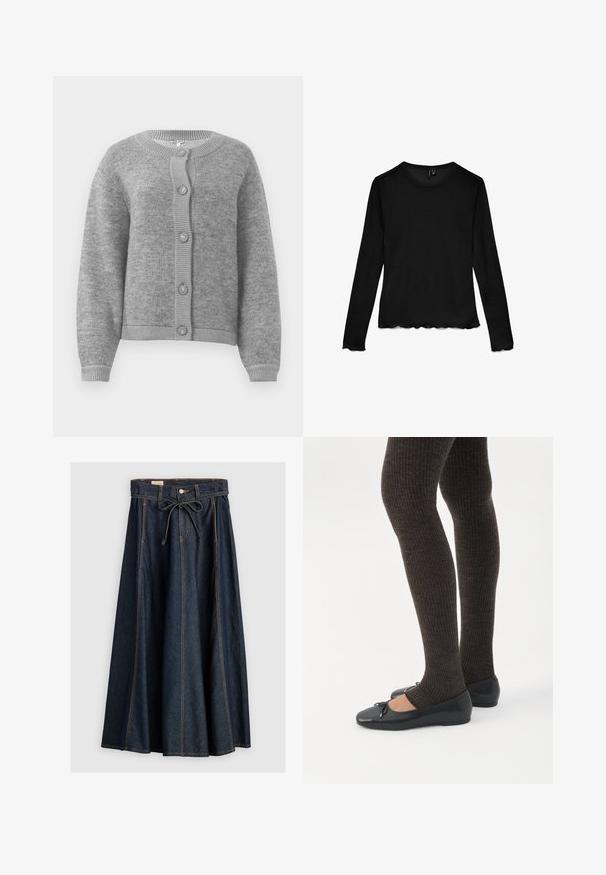 Cardigan en tricot gris clair avec col rond, manches longues, poignets et ourlet côtelés, et cinq boutons sur le devant.; Chemise noire à manches longues avec col ras du cou, bords festonnés aux manches et à l'ourlet, posée à plat sur un fond blanc.; Levi's® XL SKIRT - Jupe en jean - square circle; Jambes portant des leggings côtelés foncés associés à des ballerines noires avec de petits détails en nœud sur fond blanc.