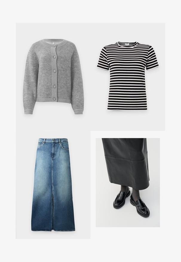 Lysegrå strikket cardigan med rund halsudskæring, lange ærmer, ribbede manchetter og kant, samt fem knapper foran.; Sort-hvid stribet kortærmet t-shirt med en ribbet tekstur og rund halsudskæring. Striberne er jævnt fordelt over stoffet.; Denim nederdel i lys til mørkeblå gradient, med en slids foran, standard talje og en lige skæring med opfoldede kanter.; Sorte læder loafers med en glat finish, prydet med en dekorativ rem, rund tå og tekstureret sål. Båret med en lang sort læderskirt.
