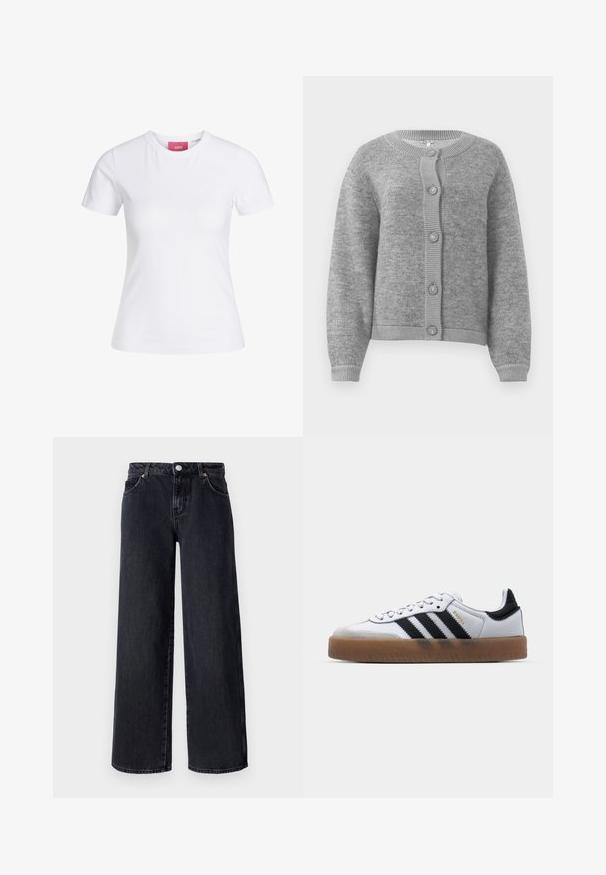 Lysegrå strikket cardigan med rund halsudskæring, lange ærmer, ribbede manchetter og kant, samt fem knapper foran.; Hvid slimfit t-shirt med korte ærmer og rund halsudskæring med en lyserød JJXX-label indeni kraven, vist mod en ensfarvet baggrund.; Vero Moda Petite VMREMY MR WIDE - Wide leg - black denim; Hvide lædersneakers med sorte striber, gummirubber sål, rund tå, snørelukning og blød grå ruskinds tåhætte.
