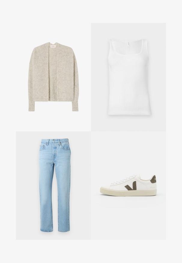 Lysegrå cardigan med åben front, ribstrikket tekstur og lange ærmer. Fremstillet af blødt materiale, med en afslappet silhuet og uden lukninger.; Hvid ribbet tanktop med rektangulær udskæring og brede skulderstropper. Stofmaterialet har en tekstureret, strækbar overflade.; Lyseblå jeans med høj talje og lige ben, med lommer foran og bagpå, bæltestropper og knaplukning.; Hvide lædersneakers med en tekstureret beige gummisål, der har et iøjnefaldende brunt "V" logo på siden og matchende søde detaljer.
