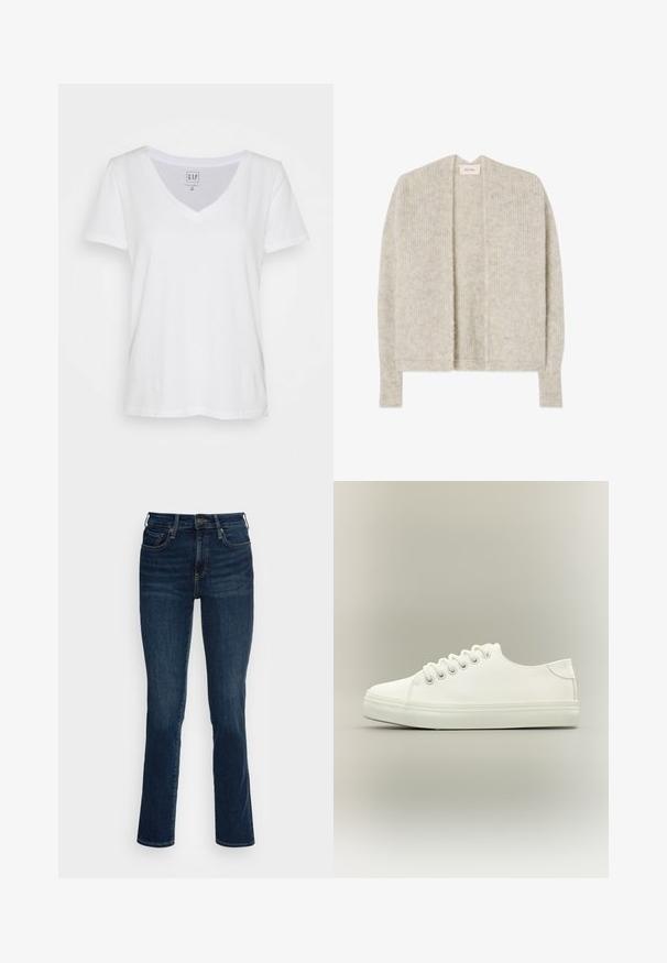 Cardigan gris clair à devant ouvert, avec une texture côtelée et des manches longues. Confectionné dans un matériau doux, avec une silhouette décontractée et sans fermetures.; T-shirt en coton blanc à col en V, à manches courtes, avec une coupe décontractée et une étiquette près de l'encolure. Texture lisse, sans motifs ni accents.; Jeans en denim bleu foncé avec un design ajusté, taille haute, jambes droites et détails en métal cuivré. Texture lisse avec un minimum de décoloration.; Baskets basses blanches avec lacets blancs et semelle en caoutchouc, vues de côté sur un fond neutre.