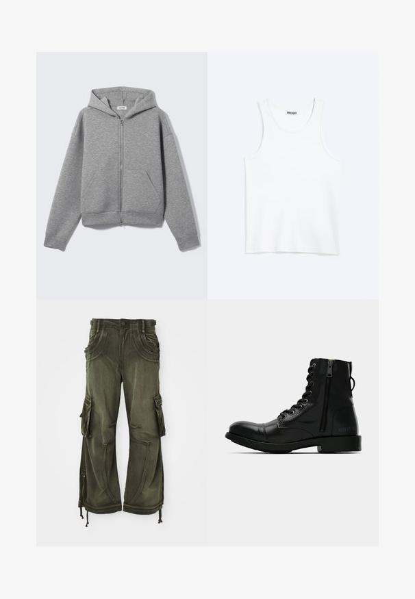 Lichtgrijze hoodie met ritssluiting, voorzakken en capuchon, plat uitgestald op een lichte achtergrond.; Wit mouwloos hemdje met ronde hals en Weekday-merklabel aan de binnenkant van de achterkraag, plat weergegeven op een lichte achtergrond.; Olijfgroene cargobroek van katoen met een relaxte pasvorm, voorzien van zijzakken, ritsen bij de enkels en koordjes aan de zoom.; Zwarte leren enkellaars met een ronde neus, vetersluiting aan de voorkant, zijrits en platte zool. Bevat reliëfbranding op de hak.