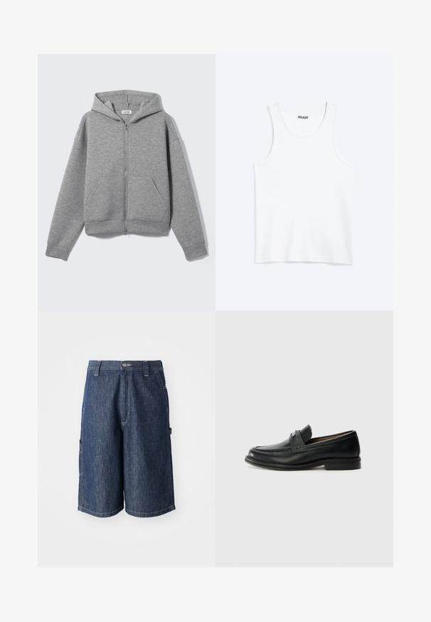 Lichtgrijze hoodie met ritssluiting, voorzakken en capuchon, plat uitgestald op een lichte achtergrond.; Wit mouwloos hemdje met ronde hals en Weekday-merklabel aan de binnenkant van de achterkraag, plat weergegeven op een lichte achtergrond.; Donkerblauwe denimshorts met een rechte snit, vijf zakken en zichtbare stiksels. Voorzien van een knoopsluiting en riemlussen.; Zwarte lederen instappers met een gladde afwerking, voorzien van een gestructureerde bovenband, lage hak en minimale stiksel-details.