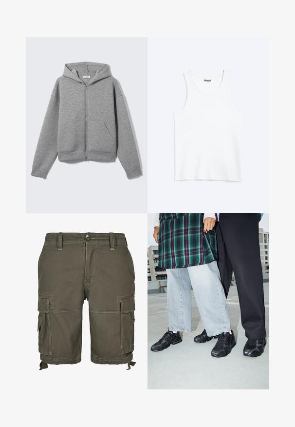 Hellgrauer Kapuzenpullover mit Reißverschluss, vorderen Taschen und Kapuze, flach auf hellem Hintergrund präsentiert.; Weißes ärmelloses Tanktop mit rundem Ausschnitt und Weekday-Markenetikett auf der Innenseite des hinteren Kragens, flach auf hellem Hintergrund dargestellt.; Olivgrüne Cargo-Shorts aus strapazierfähigem Stoff, mit mehreren Seitentaschen, Gürtelschlaufen und genähten Details für zusätzliche Textur.; Schwarze Sportschuhe mit Mesh- und Gummielementen. Kombiniert mit hellgrauen weiten Jeans und einem karierten grünen Oberteil. Flacher Hintergrund.