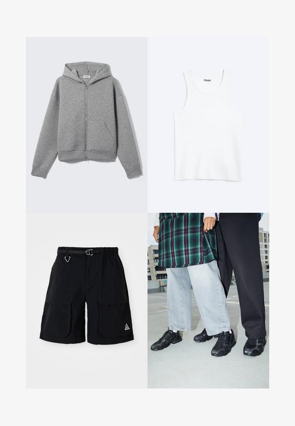 Hellgrauer Kapuzenpullover mit Reißverschluss, vorderen Taschen und Kapuze, flach auf hellem Hintergrund präsentiert.; Weißes ärmelloses Tanktop mit rundem Ausschnitt und Weekday-Markenetikett auf der Innenseite des hinteren Kragens, flach auf hellem Hintergrund dargestellt.; Schwarze Cargo-Shorts mit elastischem Bund, integriertem Gürtel, großen Seitentaschen und dreieckigem ACG-Logo am rechten Bein.; Schwarze Sportschuhe mit Mesh- und Gummielementen. Kombiniert mit hellgrauen weiten Jeans und einem karierten grünen Oberteil. Flacher Hintergrund.