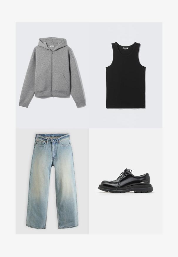 Lysegrå lynlåshoodie med forlommer og hætte, vist fladt på en lys baggrund.; Sort ærmeløs ribbet tanktop med rund halsudskæring og Weekday-mærke på inderkraven bagpå.; Lyseblå, vidbenede cowboybukser med en falmet finish. Har et standard fem-lomme-design og lukning med metal knap.; Sorte læder dressko med rund tå, tyk gummisål, snørebåndsdesign og markant syning langs kanten.