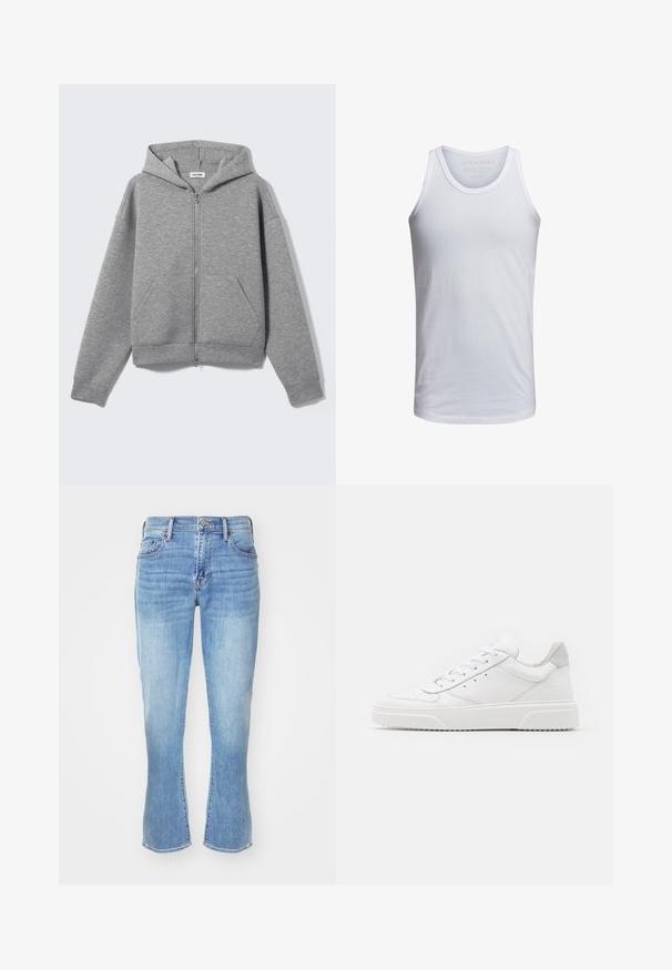 Hellgrauer Kapuzenpullover mit Reißverschluss, vorderen Taschen und Kapuze, flach auf hellem Hintergrund präsentiert.; Weißes Baumwoll-Tanktop mit Rundhalsausschnitt, breiten Trägern und minimalem Branding, das innen am Kragen aufgedruckt ist. Weicher Stoff, lässige Passform.; Hellblaues Denim-Jeans mit geradem Schnitt, ausgestellten Beinöffnungen, Fünf-Taschen-Design und subtiler Abnutzung an den Knien und Oberschenkeln.; Weiße Leder-Sneaker mit glatter Oberfläche, rundem Zehenbereich, flachen Schnürsenkeln und strukturiertem Schuhsohlen. Graues Wildleder-Detail an der Ferse.