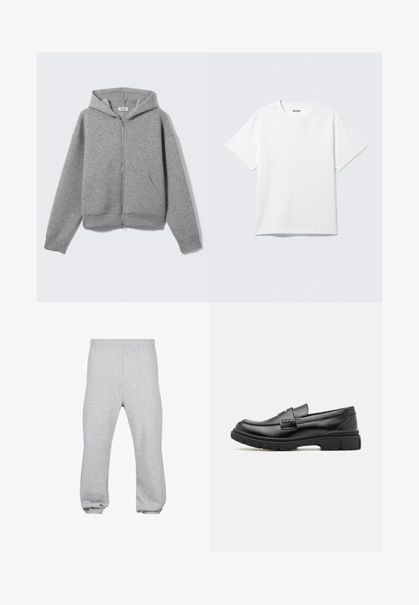 Sweat à capuche zippé gris clair avec poches avant et capuche, présenté à plat sur un fond clair.; T-shirt blanc à manches courtes et col rond, étalé à plat, design uni, avec l'étiquette "WEEKDAY" à l'intérieur du col sur un fond clair.; Pantalon de jogging en coton gris clair avec taille élastique et poignets aux chevilles, présenté à plat sur fond blanc.; Mocassin en cuir noir avec une large sangle sur le devant, semelle en caoutchouc à épaisse rainure, et texture lisse. Design classique et élégant.