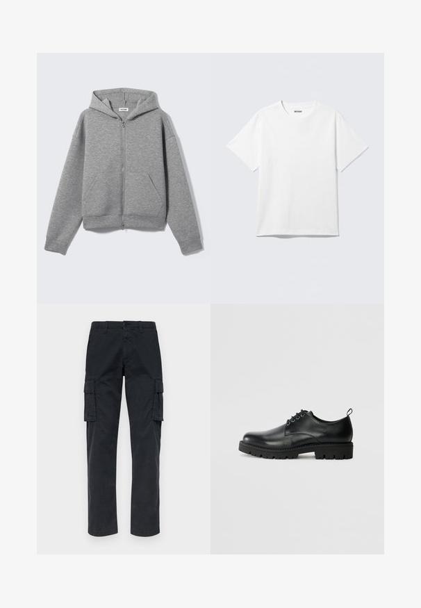 Lysegrå lynlåshoodie med forlommer og hætte, vist fladt på en lys baggrund.; Hvid kortærmet crewneck T-shirt lagt fladt ud, ensfarvet design, med "WEEKDAY" mærkat inde i kraven på en lys baggrund.; Sorte cargo-bukser lavet af slidstærkt materiale, med to sidelommer, lige ben og knaplukning i taljen.; Sort læder sko med en rund tå, der har snørelukning, solid sort gummisål og en lille hælflap bagpå.