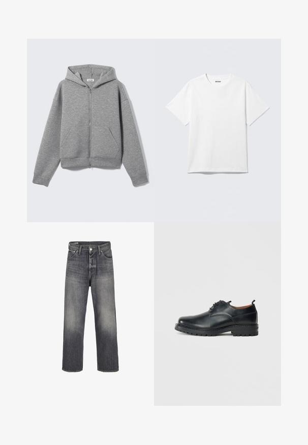 Hellgrauer Kapuzenpullover mit Reißverschluss, vorderen Taschen und Kapuze, flach auf hellem Hintergrund präsentiert.; Weißes T-Shirt mit kurzen Ärmeln und Rundhalsausschnitt, flach liegend, schlichtes Design, mit „WEEKDAY“-Etikett innen im Kragen auf hellem Hintergrund.; Denim Jeans in einem verblassten Schwarzton, mit geradem Bein, Fünf-Taschen-Stil und Metallknopfverschluss an der Taille.; Schwarze Leder Derby-Schuhe mit glatter Textur, runder Zehenform, Schnürdesign und einer dicken, robusten Gummisohle.