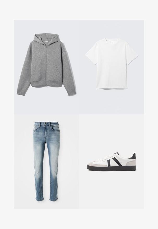Sweat à capuche zippé gris clair avec poches avant et capuche, présenté à plat sur un fond clair.; T-shirt blanc à manches courtes et col rond, étalé à plat, design uni, avec l'étiquette "WEEKDAY" à l'intérieur du col sur un fond clair.; Jeans en denim bleu clair avec un design classique à cinq poches, une décoloration subtile et une coupe droite. Comprend une fermeture à bouton et des passants de ceinture.; Baskets blanches avec des accents noirs et gris, présentant un embout texturé gris, une semelle en caoutchouc noir et des lacets plats blancs. Design épuré, style minimaliste.