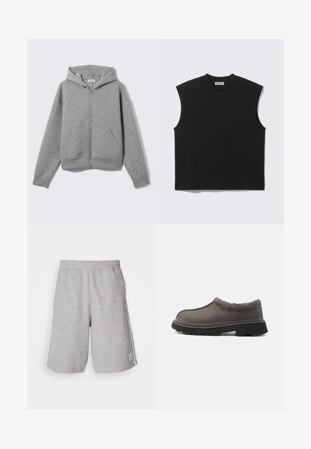 Lichtgrijze hoodie met ritssluiting, voorzakken en capuchon, plat uitgestald op een lichte achtergrond.; Zwarte mouwloze top met ronde hals, gestructureerde schouders en een "WEEKDAY" label binnenin de kraag, op een lichte achtergrond.; Grijze sportshorts van katoenmix stof. Voorzien van zijzakken, een elastische tailleband en witte zijstrepen. Klassiek ontwerp.; Grijze instapschoen met een gestructureerd bovenwerk, voorzien van een gladde neus, een rubberen zool en een subtiel logo-accent aan de zijkant.