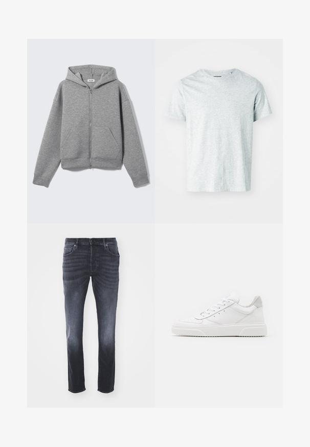 Sudadera con capucha y cremallera en gris claro, con bolsillos delanteros, mostrada extendida sobre un fondo claro.; Camiseta de manga corta gris claro, confeccionada en una tela suave, con cuello redondo y un corte ligeramente relajado. Sin patrones ni gráficos visibles.; Vaqueros de mezclilla gris oscuro con un diseño clásico de pierna recta, que incluyen bolsillos frontales, cremallera con cierre de botón y un ligero desgastado.; Zapatillas de cuero blanca con un acabado suave, punta redondeada, cordones planos y una suela texturada. Acento de ante gris en el talón.