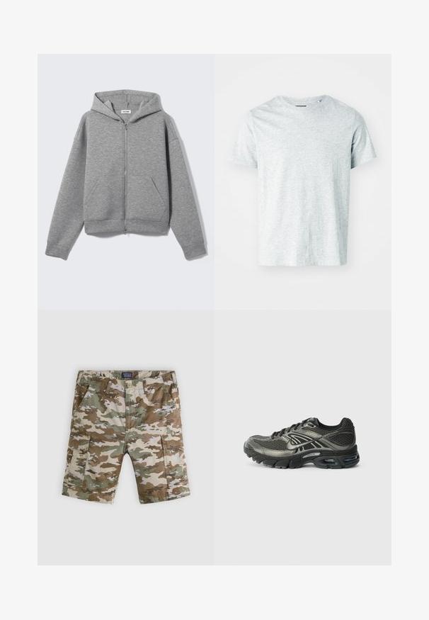 Sweat à capuche zippé gris clair avec poches avant et capuche, présenté à plat sur un fond clair.; T-shirt gris clair à manches courtes en tissu doux, avec un col rond et une coupe légèrement décontractée. Aucun motif ou graphique visible.; Shorts cargo camouflage avec passants pour ceinture, poches latérales et fermeture par boutons, présentés sur un fond gris clair.; Baskets de course Nike noires et grises avec tige en mesh, semelle rembourrée, amorti visible et lacets sur fond blanc uni.