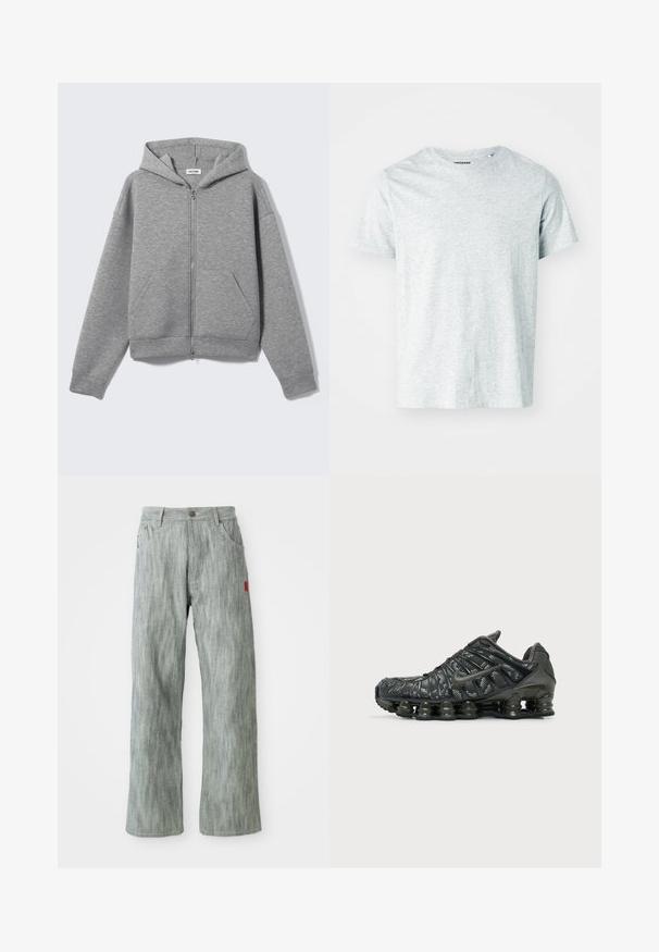 Lysegrå lynlåshoodie med forlommer og hætte, vist fladt på en lys baggrund.; Lys grå, kortærmet t-shirt lavet af blødt stof, med en rund hals og en let afslappet pasform. Ingen synlige mønstre eller grafik.; Lys grå lige ben jeans med for- og baglommer, knaplukning og et lille rødt stofmærke på højre side.; Sort Nike løbesko med segmenteret såldæmpning og hvidplettet mønster på overdelen, vist fra ydersiden.