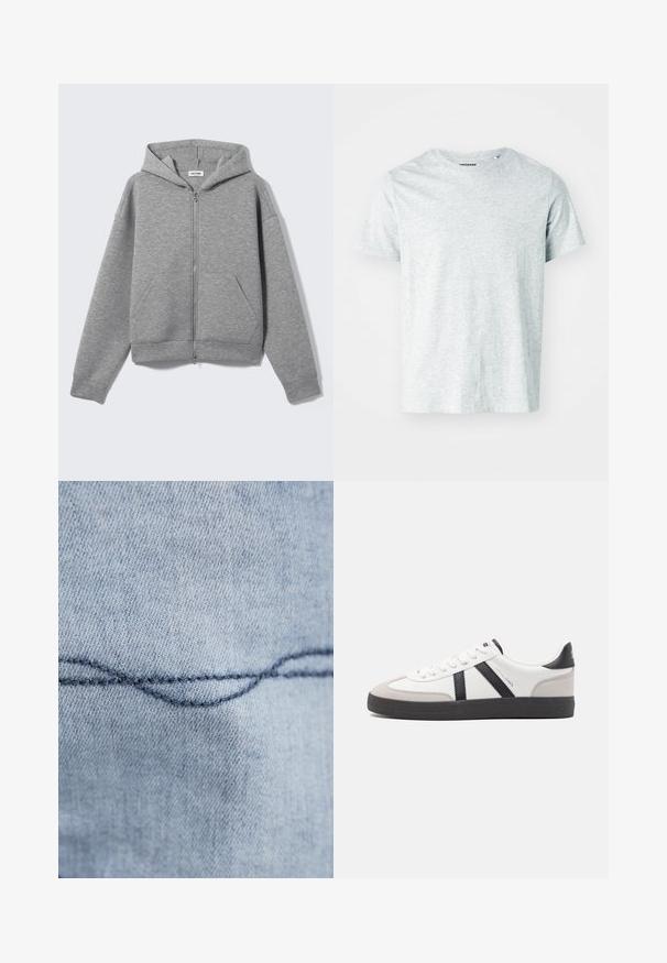 Lysegrå lynlåshoodie med forlommer og hætte, vist fladt på en lys baggrund.; Lys grå, kortærmet t-shirt lavet af blødt stof, med en rund hals og en let afslappet pasform. Ingen synlige mønstre eller grafik.; Lyseblåt denimstof med en synlig buet søm. Teksturen ser glat ud, med ensartet syning i mørkeblå tråd.; Hvide sneakers med sorte og grå detaljer, med en tekstureret grå tåhætte, sort gummisål og flade hvide snørebånd. Rent design, minimalistisk stil.