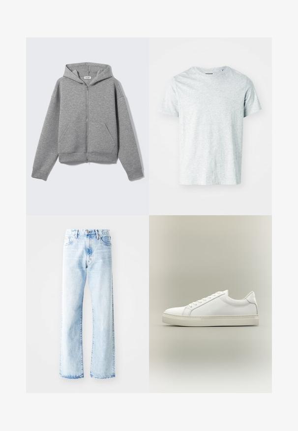 Sweat à capuche zippé gris clair avec poches avant et capuche, présenté à plat sur un fond clair.; T-shirt gris clair à manches courtes en tissu doux, avec un col rond et une coupe légèrement décontractée. Aucun motif ou graphique visible.; Jean en denim bleu clair, taille haute, avec une coupe droite. Fabriqué en denim avec un délavage usé et des ourlets bruts. Design classique à cinq poches.; Baskets blanches basses à lacets sur l’avant et semelle épaisse, vues de côté sur un fond neutre.