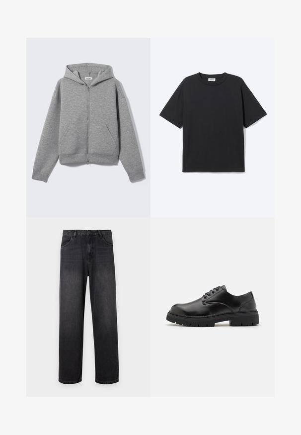 Sweat à capuche zippé gris clair avec poches avant et capuche, présenté à plat sur un fond clair.; T-shirt noir à manches courtes avec col rond, coupe décontractée, vue de face, design uni et étiquette de la marque Weekday visible à l’intérieur du col.; Jeans en denim gris foncé avec un design à jambe droite, dotés d'une fermeture éclair, de cinq poches et de légères décolorations sur le tissu.; Chaussures en cuir noir avec un bout rond, un laçage et une semelle en caoutchouc épaisse et texturée. Présente des coutures le long du bord et une finition lisse.