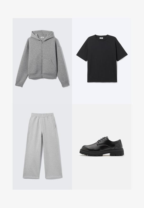 Lysegrå lynlåshoodie med forlommer og hætte, vist fladt på en lys baggrund.; Sort T-shirt med korte ærmer og rund hals med afslappet pasform, forfra, ensfarvet design og synligt Weekday-mærke inde i kraven.; Lysegrå sweatpants med vide ben, elastisk linning og sidelommer vist på en ensfarvet baggrund.; Sorte lædersko med rund tå, snørelukning og en tykk, struktureret gummisål. Har syninger langs kanten og en glat overflade.